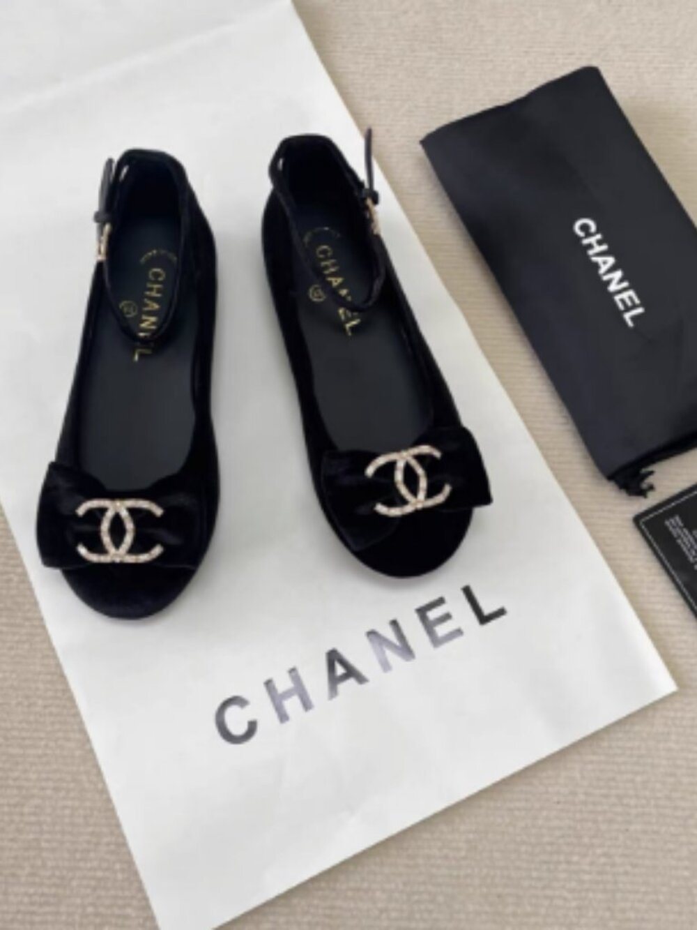 Chanel Black Velvet Crystal CC Slingback Flats